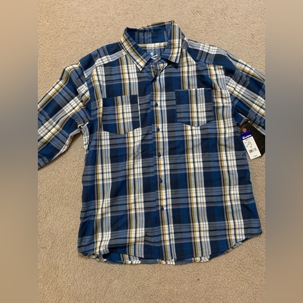 Men’s mk Machine Blue and Gold Plaid Button Down Shirt NWT size XXL